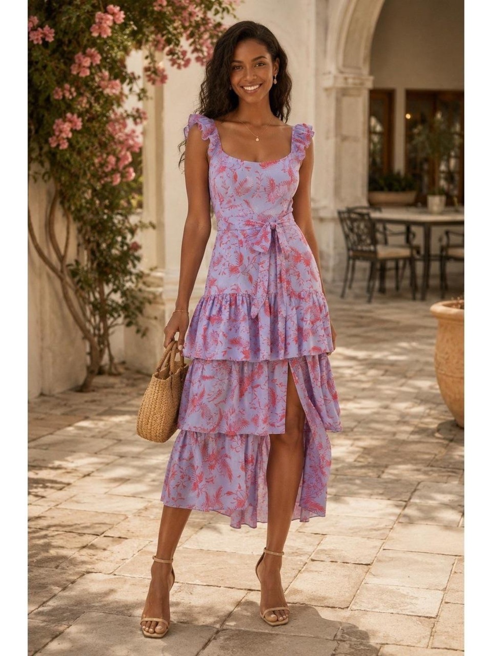 Likely Lavender Floral Tiered High-Low Ruffle Dress